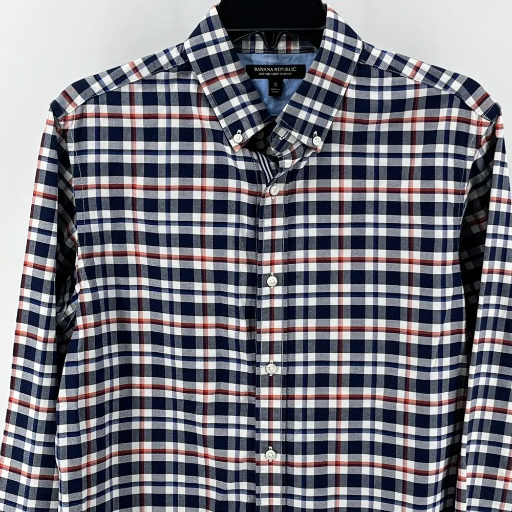 Banana Republic Oxford Shirt, Mens, S, Mythic Blue, Slim Fit Plaid 556799-00